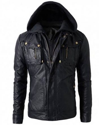 Men’s Biker Style Black Faux Leather Jacket with Hoodie