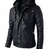 Men’s Biker Style Black Faux Leather Jacket with Hoodie2