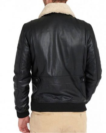 Men’s Black Leather Bomber Jacket with Fur Collar