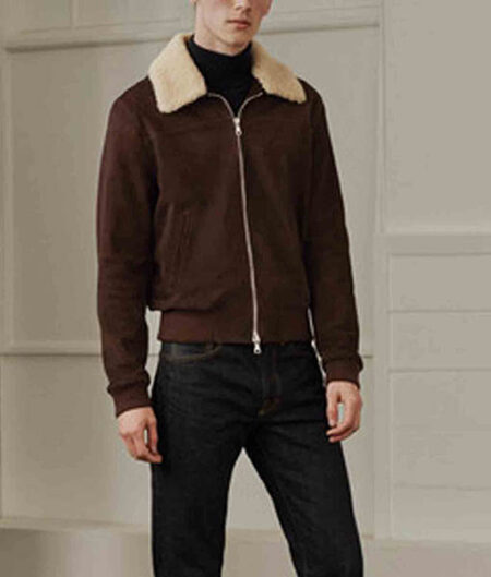 Men’s Bomber Brown Suede Shearling Trim Jacket