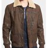 Men’s Causal Brown Leather Bomber Jacket with Fur Collar