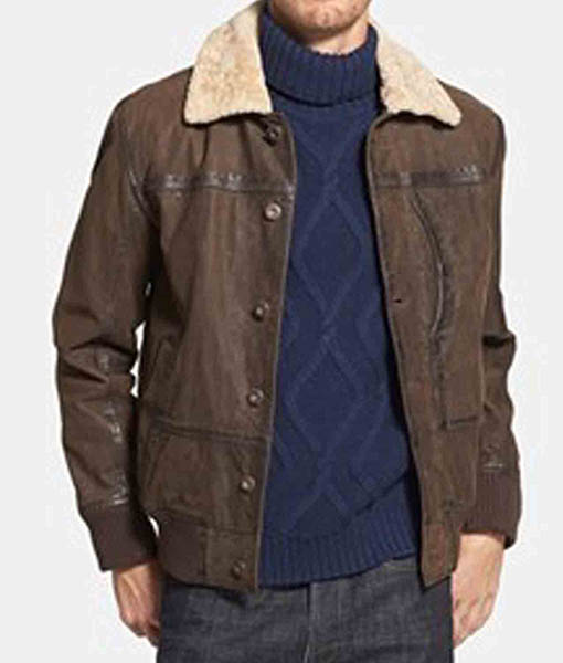 Men’s Causal Brown Leather Bomber Jacket with Fur Collar