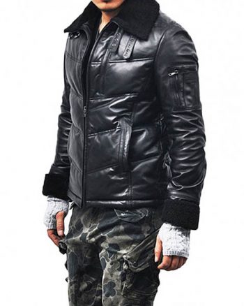 Men’s Down Casual Black Leather Jacket with Fur