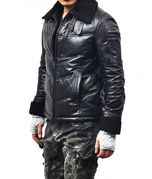 Men’s Down Casual Black Leather Jacket with Fur