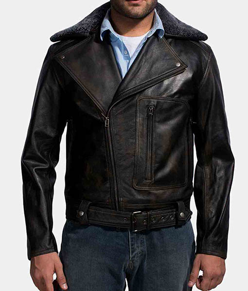 Men’s Furton Black Leather Fur Collar Biker Jacket