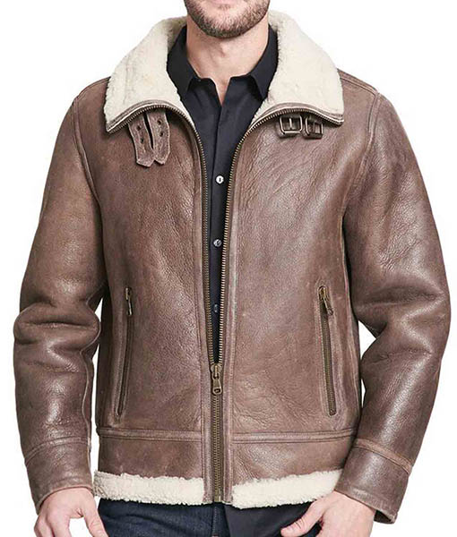 Men’s High Neck Buckle Collar Shearling Brown Rugged Leather Jacket