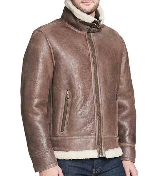 Men’s High Neck Buckle Collar Shearling Brown Rugged Leather Jacket