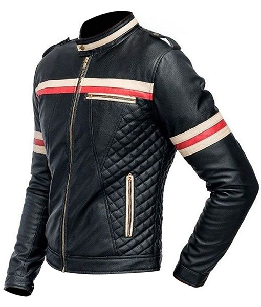 Mens Red And White Striped Black Biker Leather Jacket