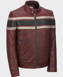 Mens Red Waxed Retro Stripe Vintage Leather Jacket