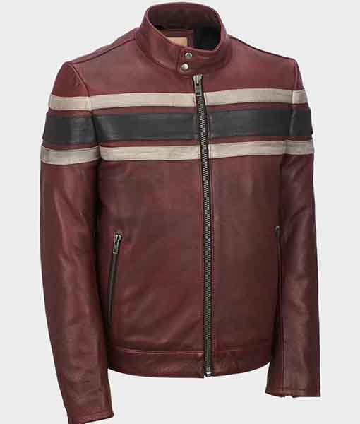 Mens Red Waxed Retro Stripe Vintage Leather Jacket
