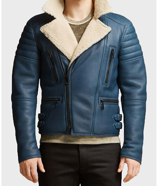 Mens Shearling Blue Leather Jacket