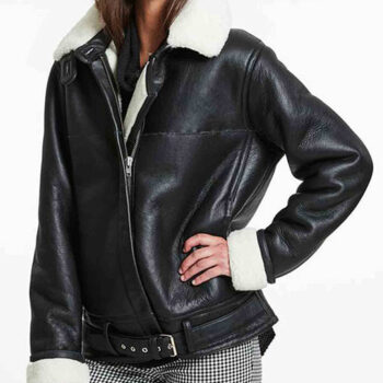 Women’s Biker Style Black Leather Shearling Jacket with Fur Collar