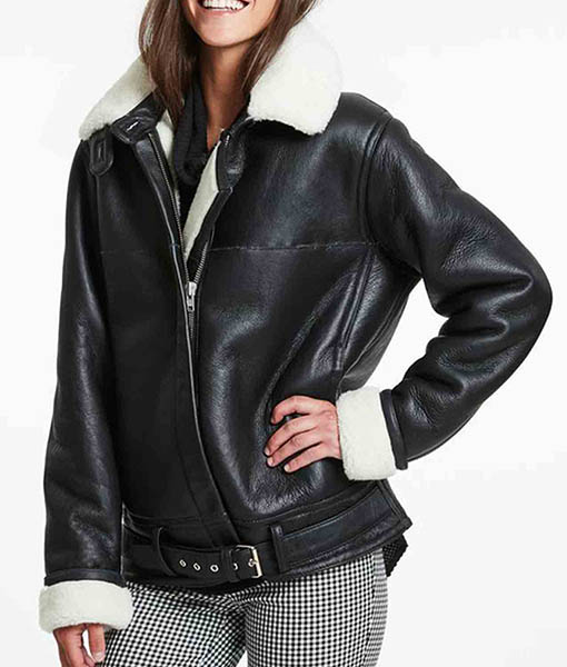 Women’s Biker Style Black Leather Shearling Jacket with Fur Collar