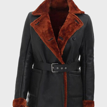 Womens Black Belted Shearling Double Breasted Leather Coat