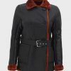 Womens Black Belted Shearling Double Breasted Leather Coat2