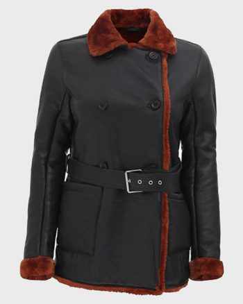Womens Black Belted Shearling Double Breasted Leather Coat