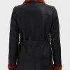 Womens Black Belted Shearling Double Breasted Leather Coat3