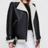 Women’s Black Leather Belted Shearling Biker Jacket