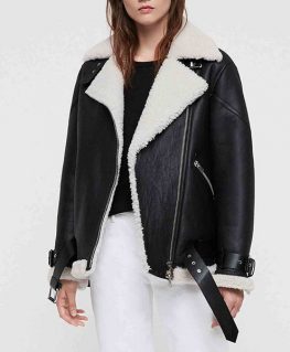 Women’s Black Leather Belted Shearling Biker Jacket