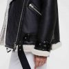 Women’s Black Leather Belted Shearling Biker Jacket4