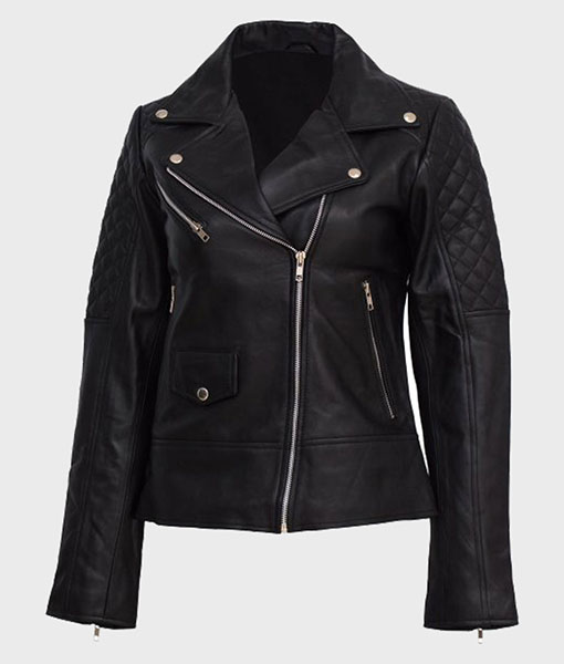 Womens Black Quilted Shoulder Leather Jacket