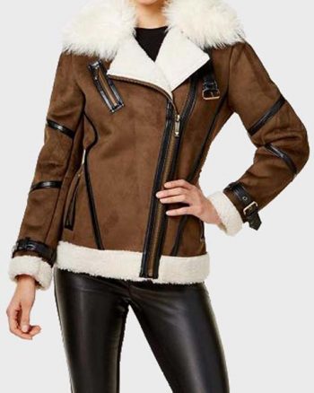 Womens Brown Faux Fur Asymmetrical Leather Jacket