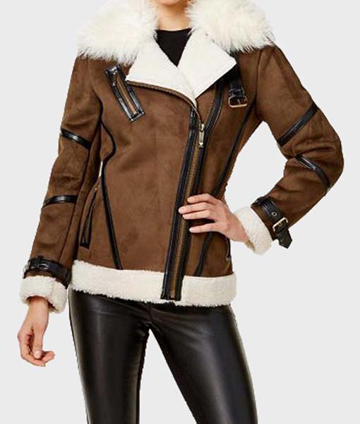 Womens Brown Faux Fur Asymmetrical Leather Jacket