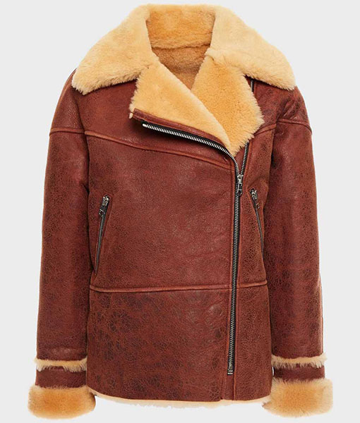 Womens Classic Brown Shearling Distressed Leather Jacket
