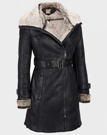 Womens Mid-Length Black Shearling Leather Coat