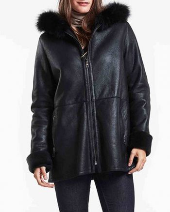 Women’s Real Black Leather Shearling Jacket With Hoodie