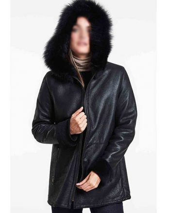 Women’s Real Black Leather Shearling Jacket With Hoodie