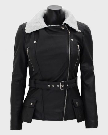 Womens Shearling Black Belted Asymmetrical Biker Leather Jacket