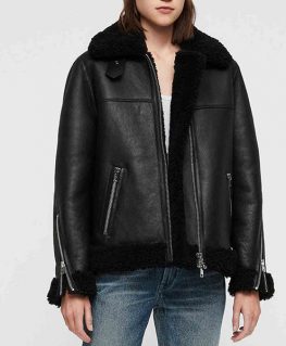 Women’s Shearling Black Leather Bomber Jacket with Fur Collar