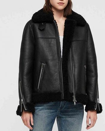 Women’s Shearling Black Leather Bomber Jacket with Fur Collar
