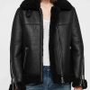 Women’s Shearling Black Leather Bomber Jacket with Fur Collar2