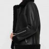 Women’s Shearling Black Leather Bomber Jacket with Fur Collar6