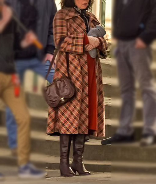 Checkered Plaid Design Womens Brown Trench Coat