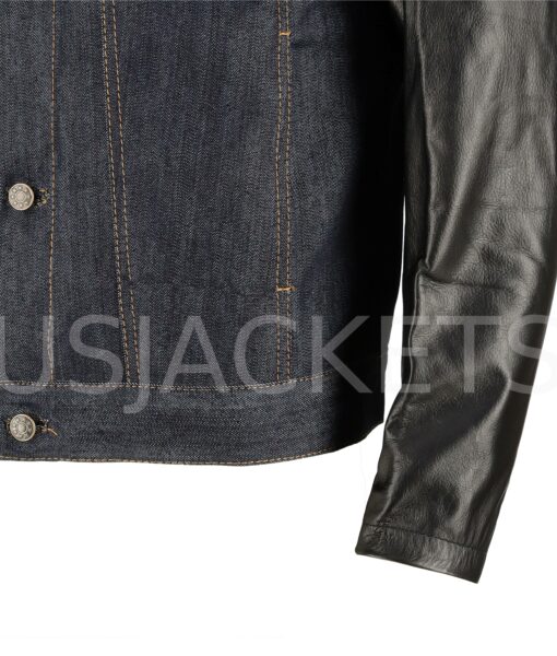 Men’s Blue Denim Jacket with Black Leather Sleeves-3