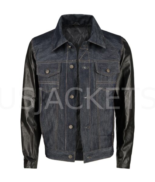 Men’s Blue Denim Jacket with Black Leather Sleeves-2