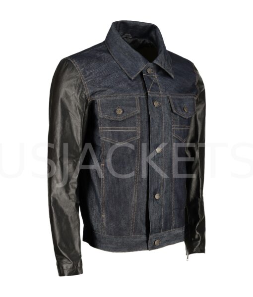 Men’s Blue Denim Jacket with Black Leather Sleeves-6