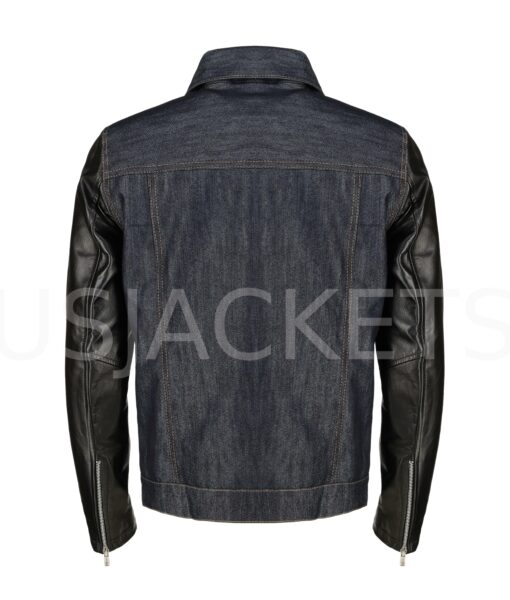 Men’s Blue Denim Jacket with Black Leather Sleeves-5
