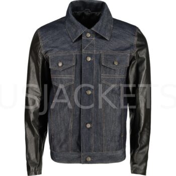 Men’s Blue Denim Jacket with Black Leather Sleeves-1