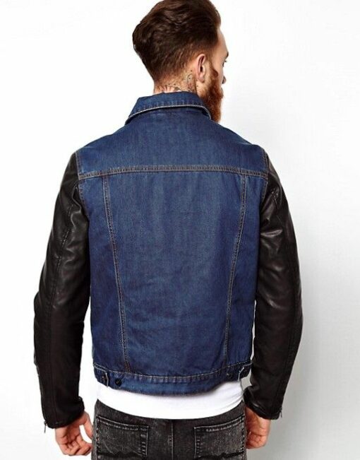 Men’s Blue Denim Jacket with Black Leather Sleeves