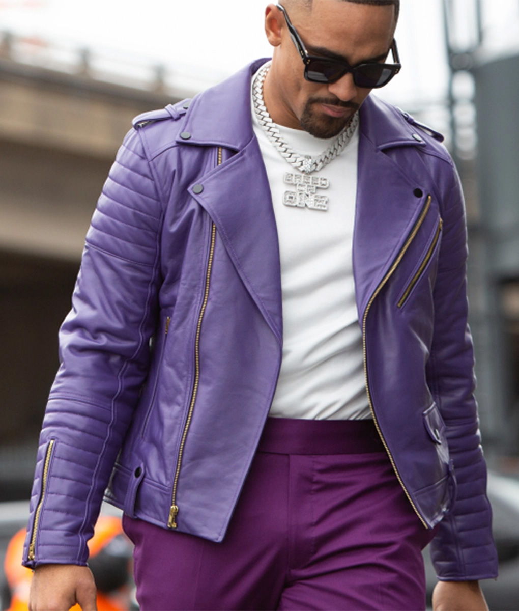Jalen Hurts Mens Purple Biker Jacket
