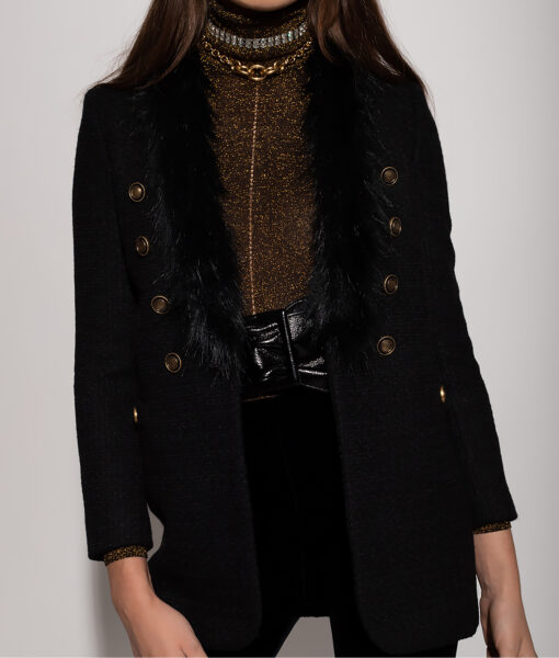 Jennifer Womens Black Wool Fur Coat