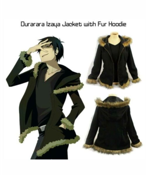 Durarara Izaya Orihara Black Coat with Fur Hoodie