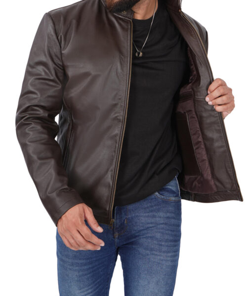Brown Cowhide Leather Cafe Racer Jacket