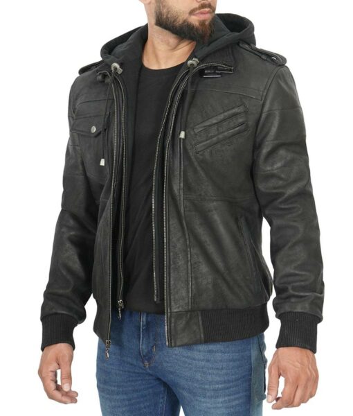 Mens Black Snuff Real Leather Jacket With Removable Hood