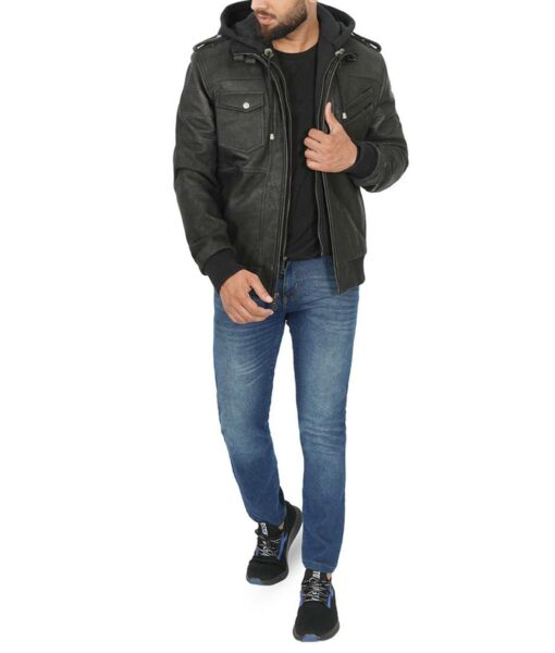 Mens Black Snuff Leather Jacket With Removable Hood