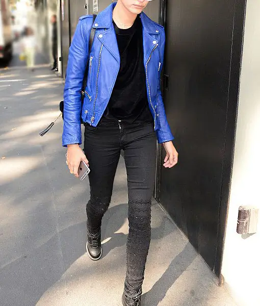 Hailey-Baldwin-Blue-Leather-Jacket
